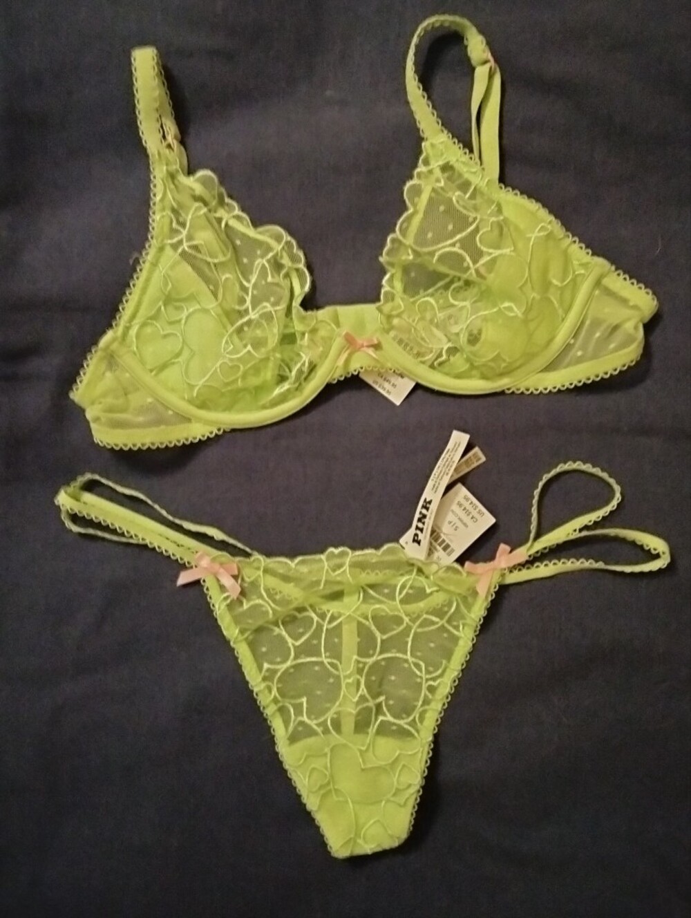 34A & S lace Victoria's Secret PINK Wink unlined plunge bra & V string panty